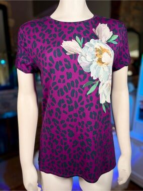 Ted Baker Purple Leopard & Floral Print Short Sleeve Blouse Top, Sz 3/Medium